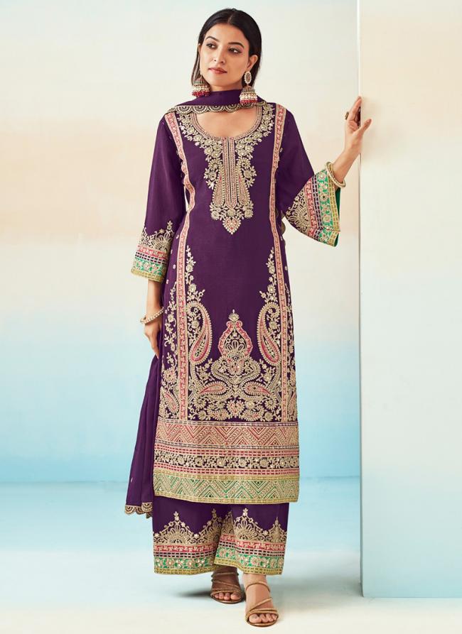 Heavy Chinnon Wine Wedding Wear Embroidery Work Readymade Plazzo Suit